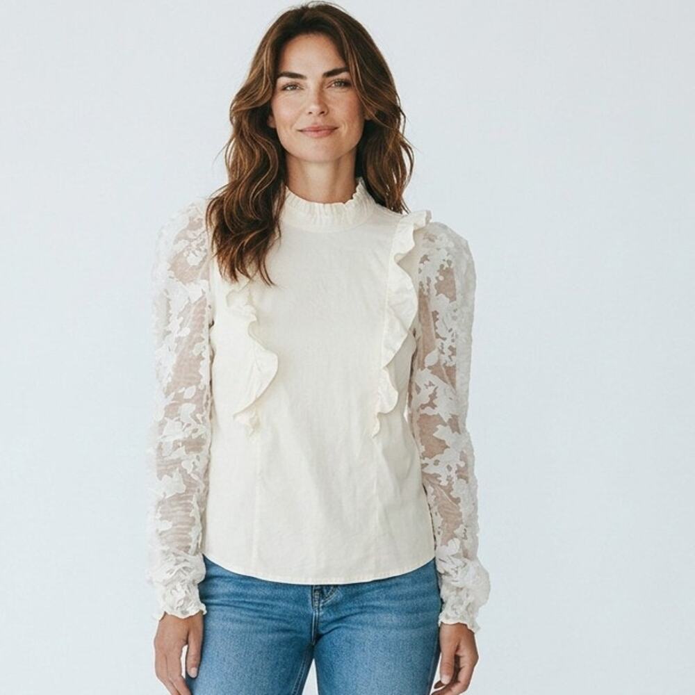 M Top Blouse Sheer Sleeve Ruffle Victorian Romantic Cottagecore Frilly White